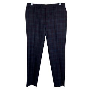 L-Ralph Lauren Mens Wool Blend Burgundy Plaid Flat Front Dress Pants Slim Fit